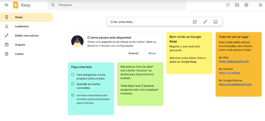 Print do aplicativo Google Keep