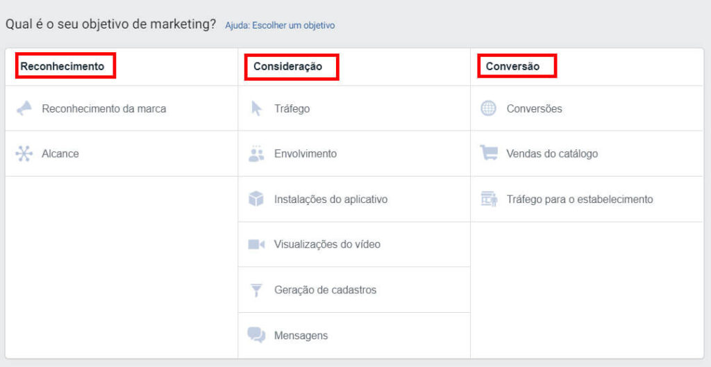 print da ferramenta de campanhas do Facebook.