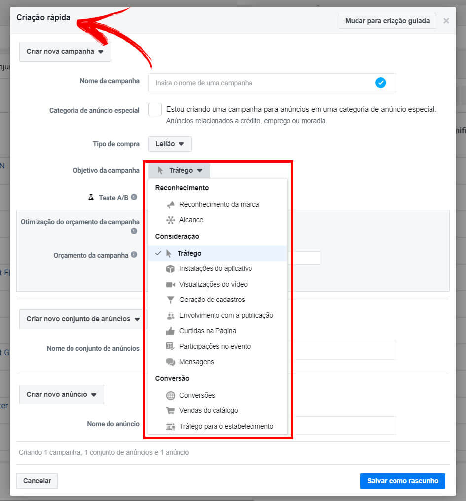 print do Gerenciador de Anúncios na área de Campanha, no modo criação rápida.