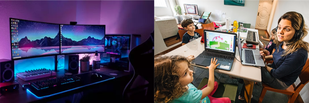 Foto ilustrativa de dois diferentes tipos de home office: gamer e mãe de família.