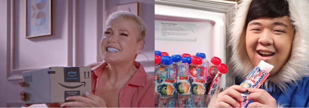 Captura de tela de dois anúncios. A esquerda, comercial da Amazon com participação da Xuxa. A direita, comercial da Danone sobre Danoninho Ice.