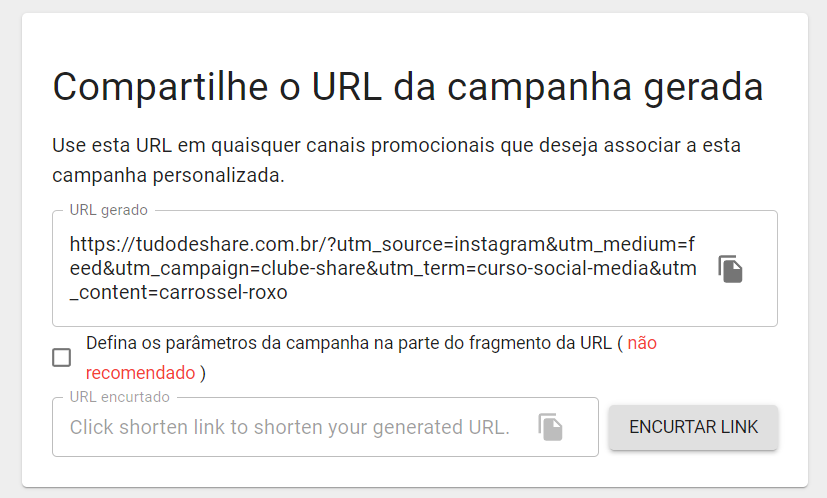 Resultado final do link criado usando o gerador de URL do Google.