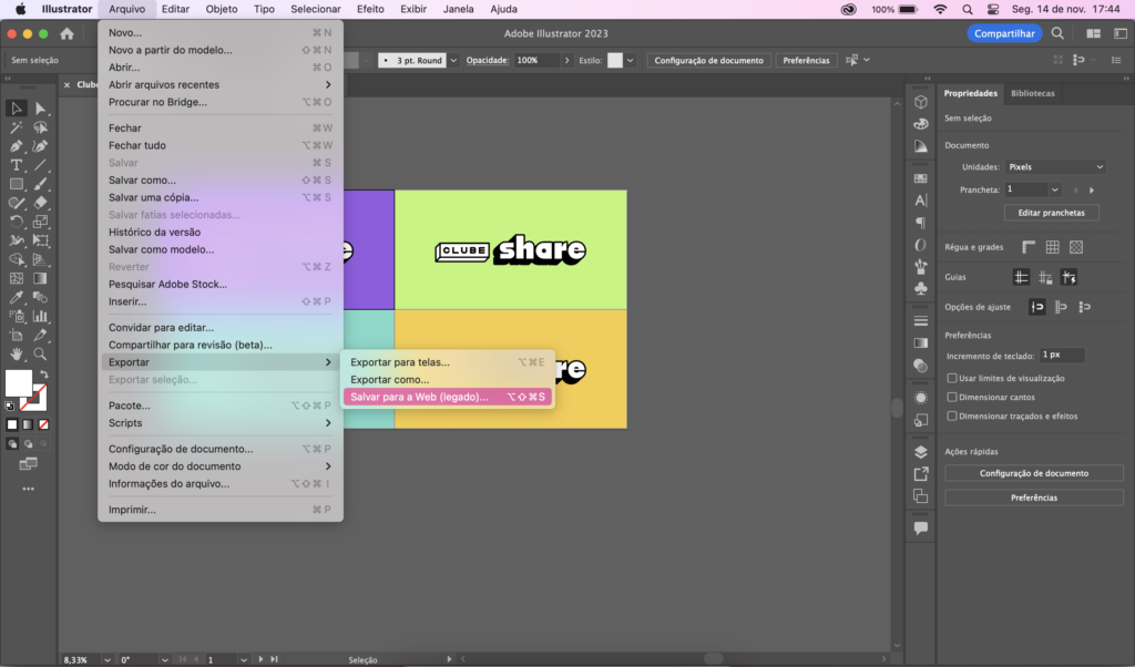 Exemplo de como salvar o arquivo usando o Ilustrator.