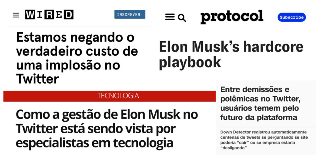 Manchetes falando sobre os problemas da gestão de Elon Musk com o Twitter.