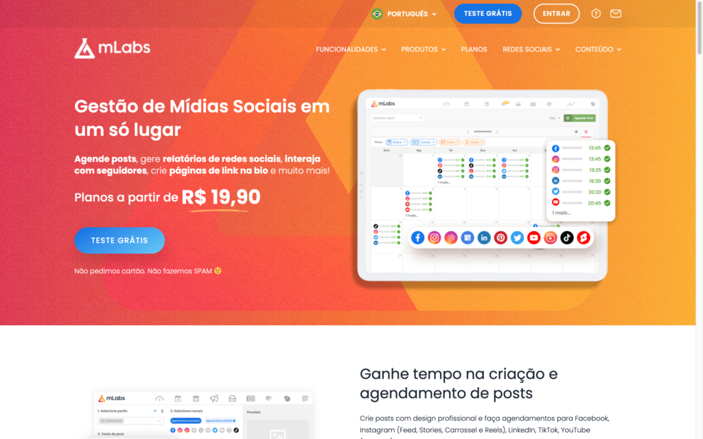 Tela de abertura do Mlabs, ferramenta completa para programar conteúdo nas redes sociais.